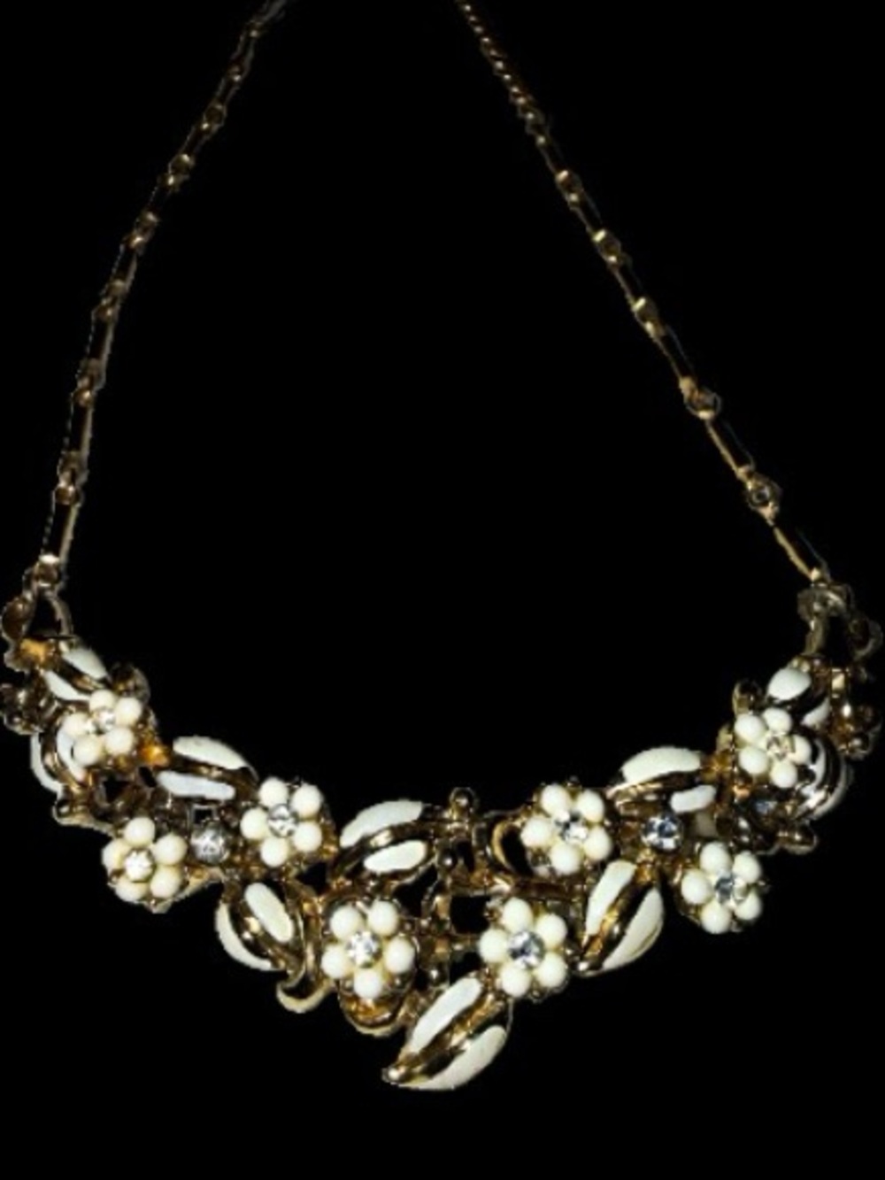 Vintage Signed Coro White Enamel Daisy Floral Choker Necklace Rhinestones 1950s